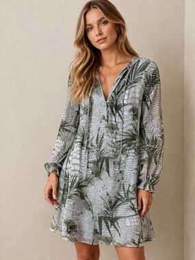 Ted Baker London Palm Print Sheer Dress Green Size 3 Medium Long Sleeve